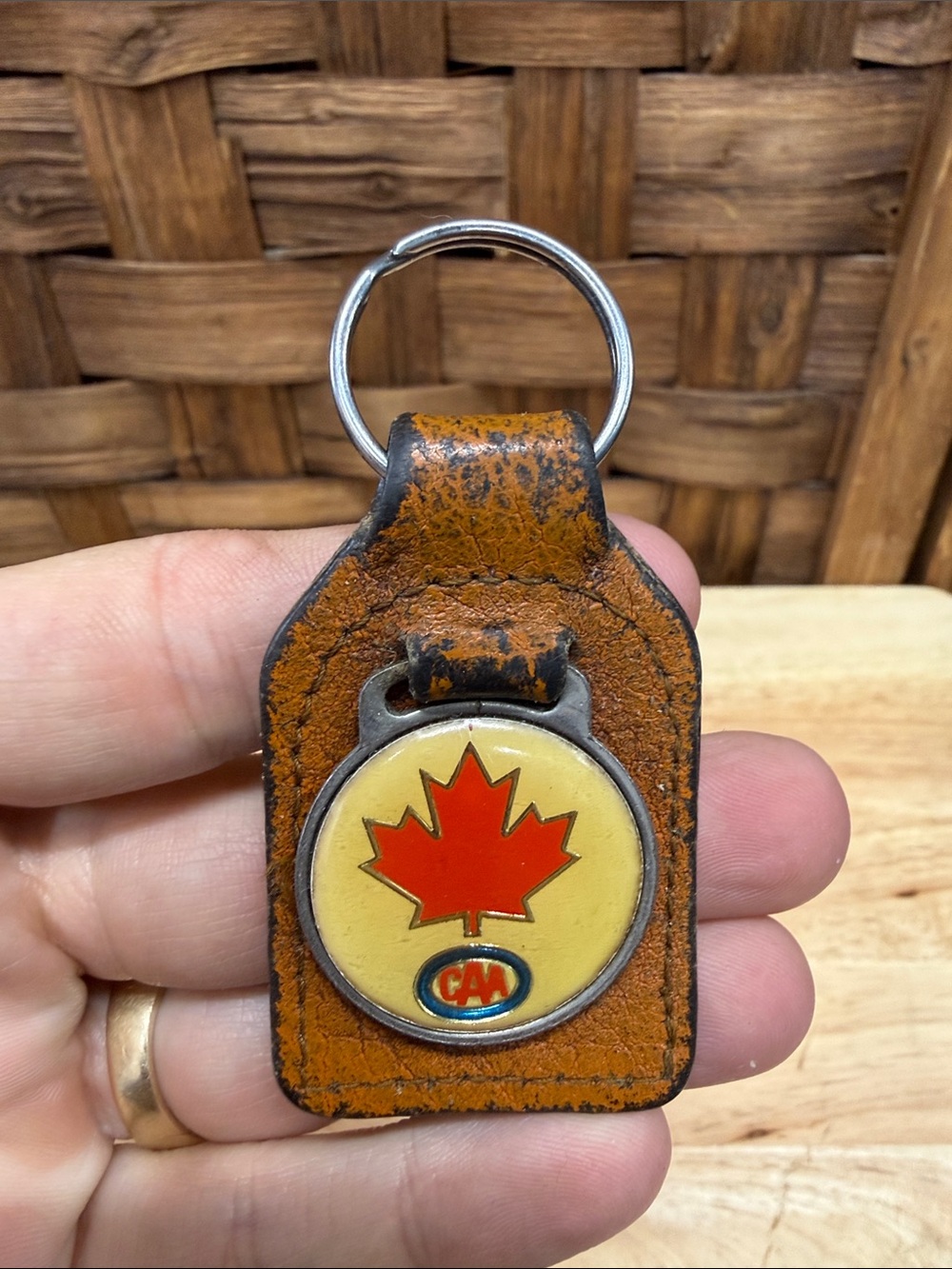 Vintage CAA Leather Keychain with Red Maple Leaf Emblem